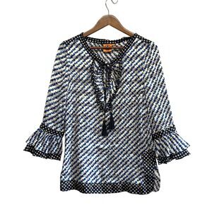 Tory Burch Womens Tunic Top Sz 4 Boho Geometric 3/4 Ruffle Sleeve Tassel Silk Bl